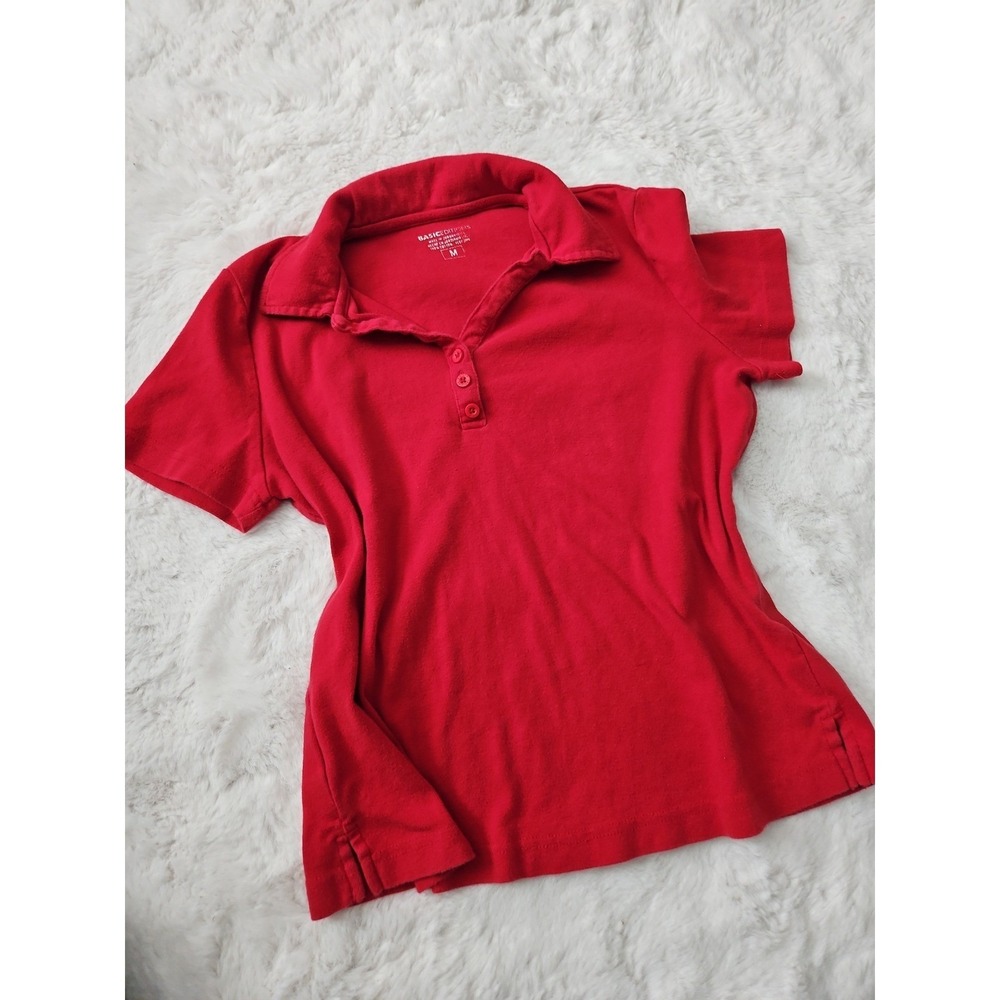 Basic Editions Red Short Sleeve Polo Shirt Women's Medium M Henley 3 Button